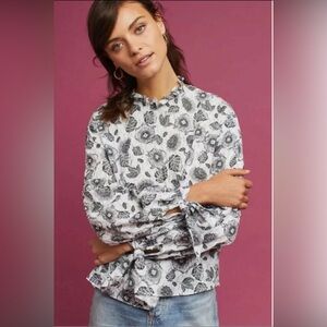 Anthropologie  Eri + Ali Women's Lorrie Floral Tie Sleeve Top White & Black Sz M